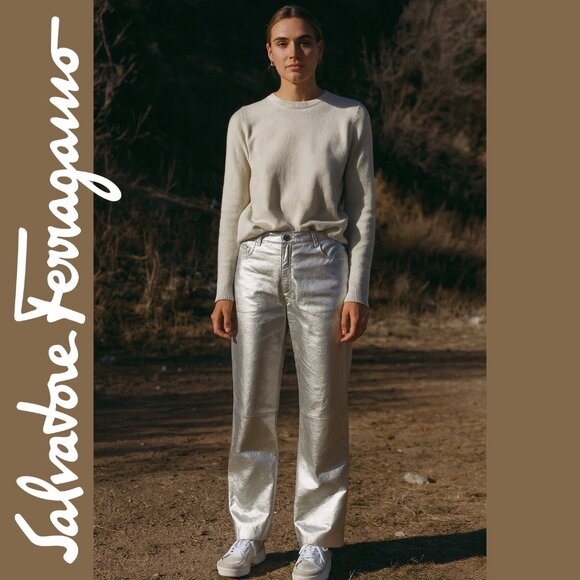 Salvatore Ferragamo Silver Leather Pants, Size 12, Never worn, Soft & Buttery - Picture 1 of 8